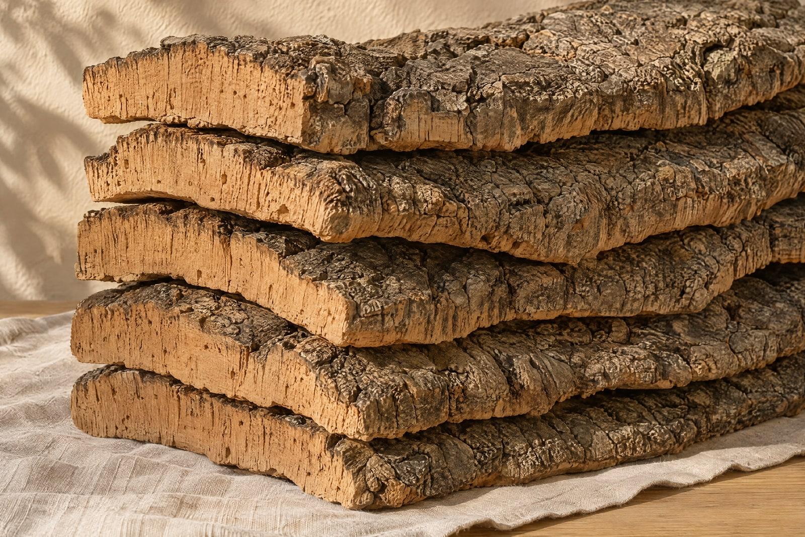 Raw cork bark planks in a stack, the rough outer crust on top.