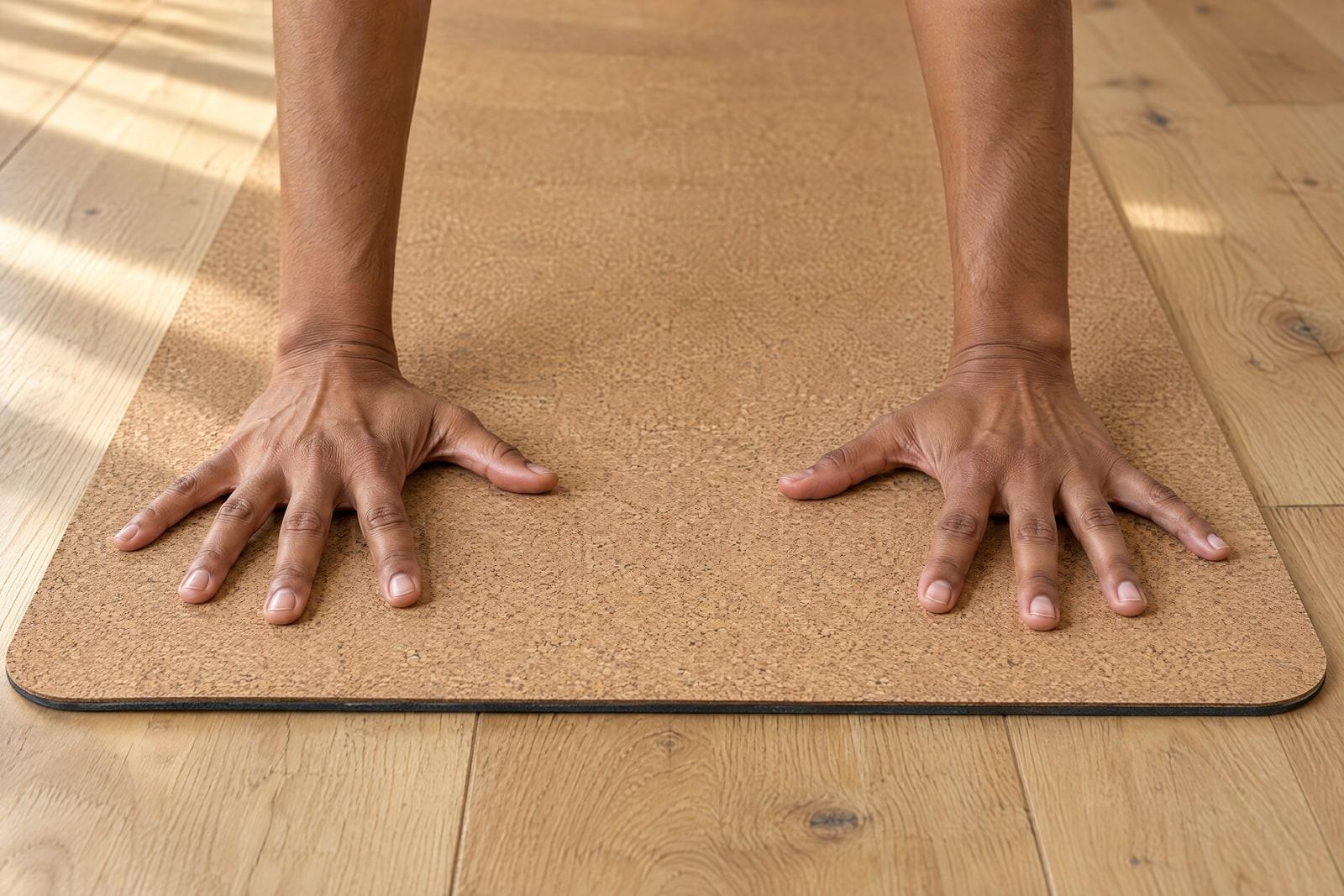 Two hands flat on the front of the cork mat, fingers spread, in a downward-facing dog.