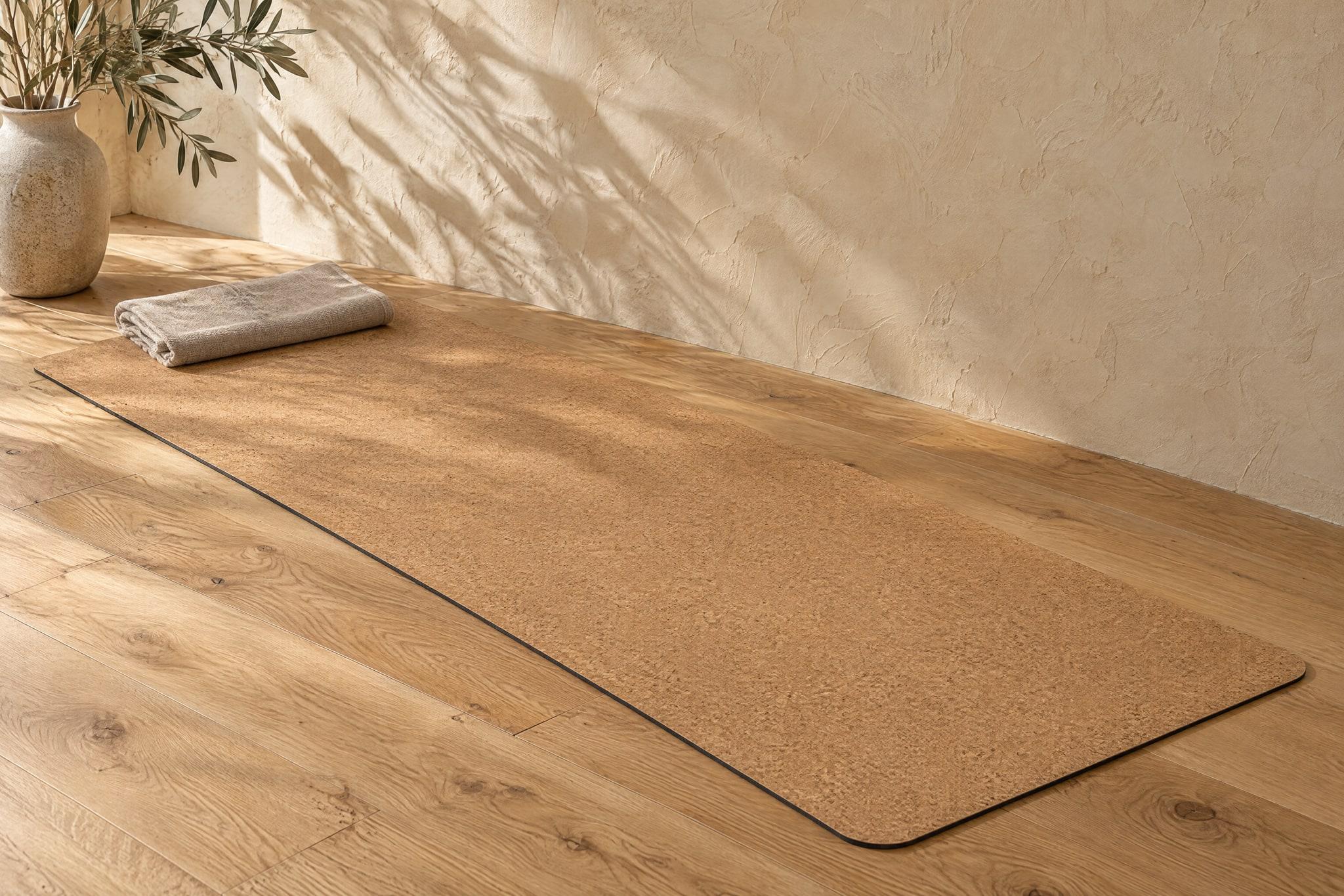 The cork mat unrolled on an oak floor in a sunlit room, a folded towel at its far end.