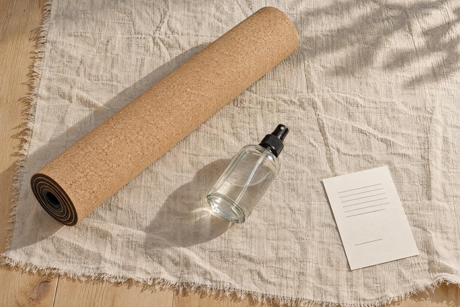 The rolled mat, a glass mister and a printed care card laid out on oat linen.