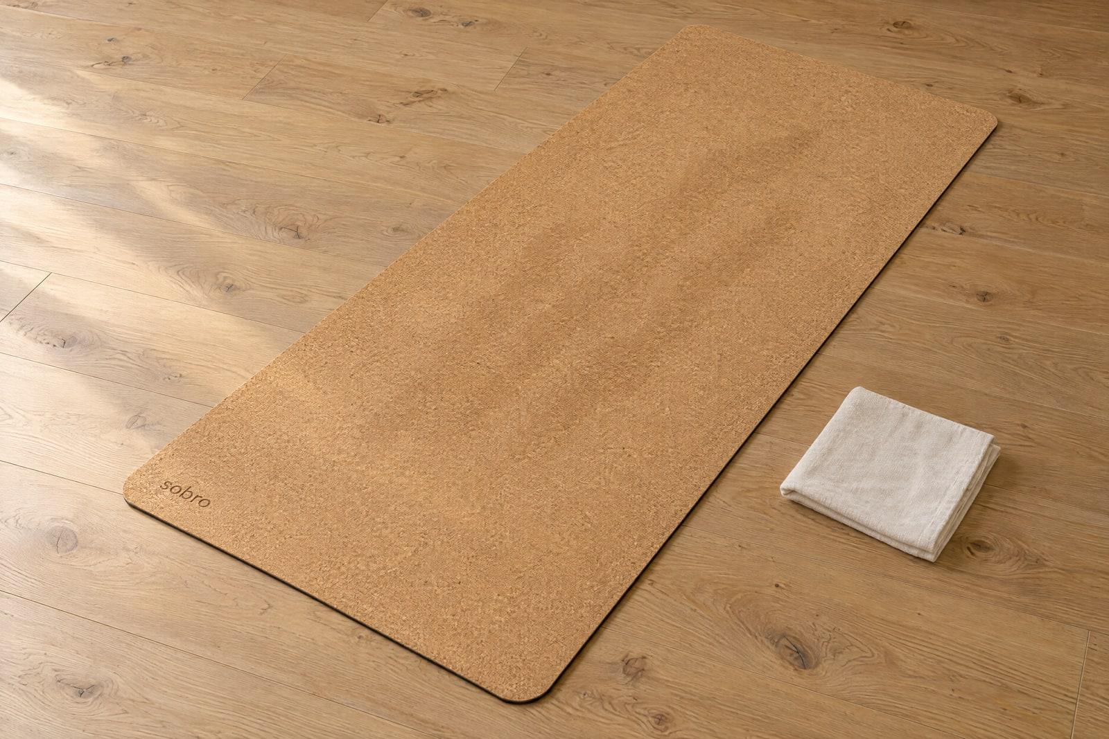 The mat drying flat on a wooden floor after a wipe, a folded cloth beside it.